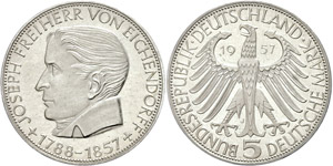 Münzen Bund ab 1946  5 Mark, 1957, ... 
