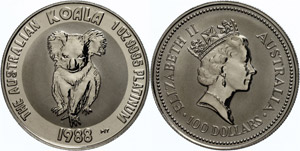 Australien  100 Dollars, Platin 1oz, 1988, ... 