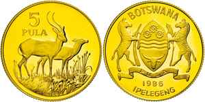 Botswana  5 Pula, Gold, 1986, two lichee ... 