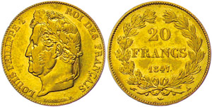 Frankreich  20 Francs, 1847 A (Paris), Gold, ... 