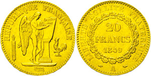 France  20 Franc, Gold, 1849, standing ... 