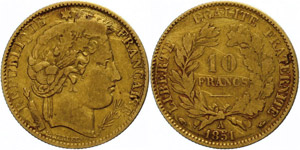 France  10 Franc, Gold, 1851, louis Napoleon ... 