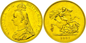 Great Britain  5 Pounds, Gold, 1887, ... 