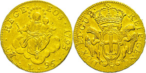 Italien  Genua, 96 Lire, Gold, 1793, Madonna ... 