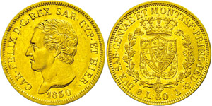 Italy  Sardinia, 80 liras, Gold, 1830, Karl ... 