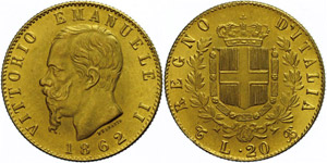 Italy  20 liras, Gold, 1862, Vittorio ... 