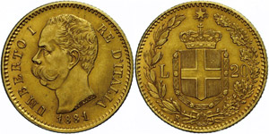 Italy  20 liras, Gold, 1881, Umberto I., Fb. ... 