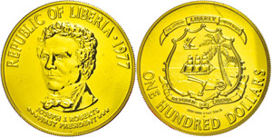 Liberia  100 Dollar, Gold, 1977, Joseph ... 