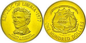 Liberia  100 Dollar, Gold, 1977, Joseph ... 