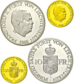 Liechtenstein  10 Franc silver and 50 Franc ... 