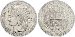 Peru  5 Pesetas, 1881, B, Ayacucho, KM ... 