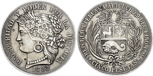 Peru  5 Pesetas, 1882, LM, Ayacucho, KM 201. ... 