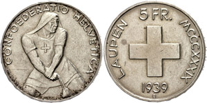 Schweiz  5 Franken, 1939, Laupen, KM 24, kl. ... 