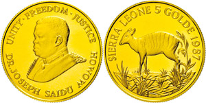 Sierra Leone  5 Golde, Gold, 1987, zebra ... 