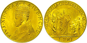 Vatican  100 liras, Gold, 1950, Pius XII., ... 