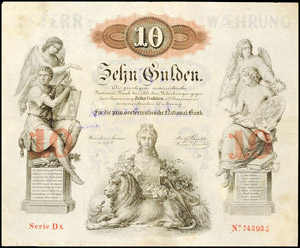Bills  Austria, 10 Guilder, 1858, vertical ... 