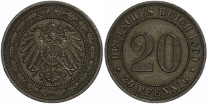 Kleinmünzen 1871-1922  20 Pfennig,1890, ... 