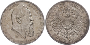 Bayern  5 Mark, 1911, Luitpold, zum 90. ... 