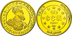 Belgien  50 Ecu, Gold, 1987, Karl V., Fb. ... 
