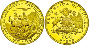Chile  200 Pesos, Gold, 1968, 150 Jahre ... 