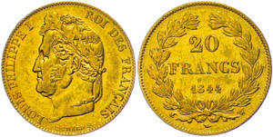 France  20 Franc, 1844 W (Lille), Gold, ... 