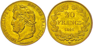 France  20 Franc, 1847 A (Paris), Gold, ... 
