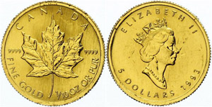 Canada  5 dollars Gold, 1993, Maple-Leaf, 1 ... 
