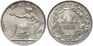 Schweiz  2 Franken, 1850, Sitzende ... 
