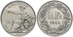 Schweiz  2 Franken, 1860, Eidgenossenschaft, ... 