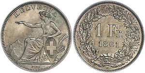 Switzerland  1 Franc, 1861, confederation, ... 