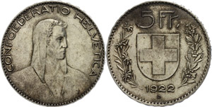 Switzerland  5 Franc, 1922. HMZ 2-1199, very ... 