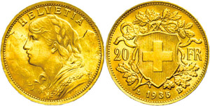 Schweiz  20 Franken, Gold, 1935, Vreneli, ... 