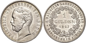 Baden 1 Gulden, 1867, Friedrich I. auf das ... 