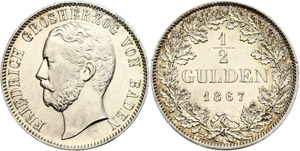 Baden 1/2 Gulden, 1867, Friedrich I., AKS ... 