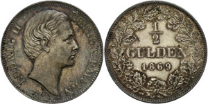 Bavaria 1 / 2 Guilder, 1869, Ludwig II., ... 