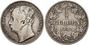 Hohenzolllern-Sigmaringen 1/2 Gulden, 1847, ... 
