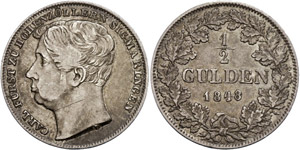 Hohenzolllern-Sigmaringen 1/2 Gulden, 1848, ... 