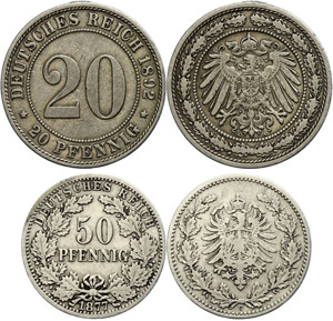 Kleinmünzen 1871-1922 20 und 50 Pfennig, ... 