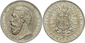 Baden 5 Mark, 1875, Frederic I., without ... 