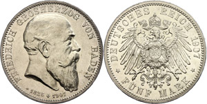 Baden 5 Mark, 1907, Friedrich I. auf seinen ... 