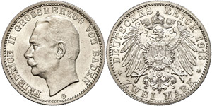 Baden 2 Mark, 1913, Friedrich II., vz., ... 