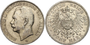 Baden 5 Mark, 1913, Friedrich II., vz., ... 