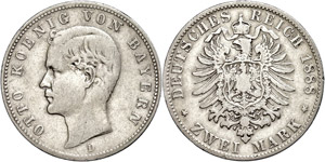 Bavaria 2 Mark, 1888, Otto, s very fine., ... 