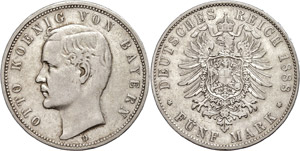 Bayern 5 Mark, 1888, Otto, ss., Katalog: J. ... 
