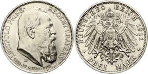 Bayern 3 Mark, 1911, Luitpold, winz. Rf, st, ... 