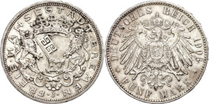 Bremen 5 Mark, 1906, kl. Rf., ss+., Katalog: ... 