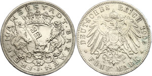 Bremen 5 Mark, 1906, kleine Kratzer, vz., ... 