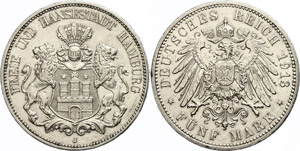 Hamburg 5 Mark, 1913, Rf, Kratzer, vz, ... 