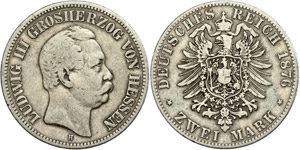 Hessen 2 Mark, 1876, Ludwig III., s-ss., ... 
