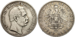 Hessen 5 Mark, 1875, Ludwig III., s-ss., ... 